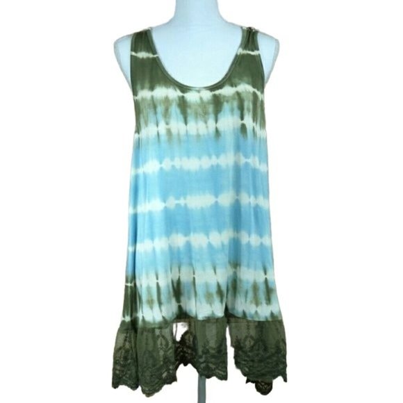 XL ONLY Umgee tie dye lace trim tunic tank green blue - Picture 2 of 4